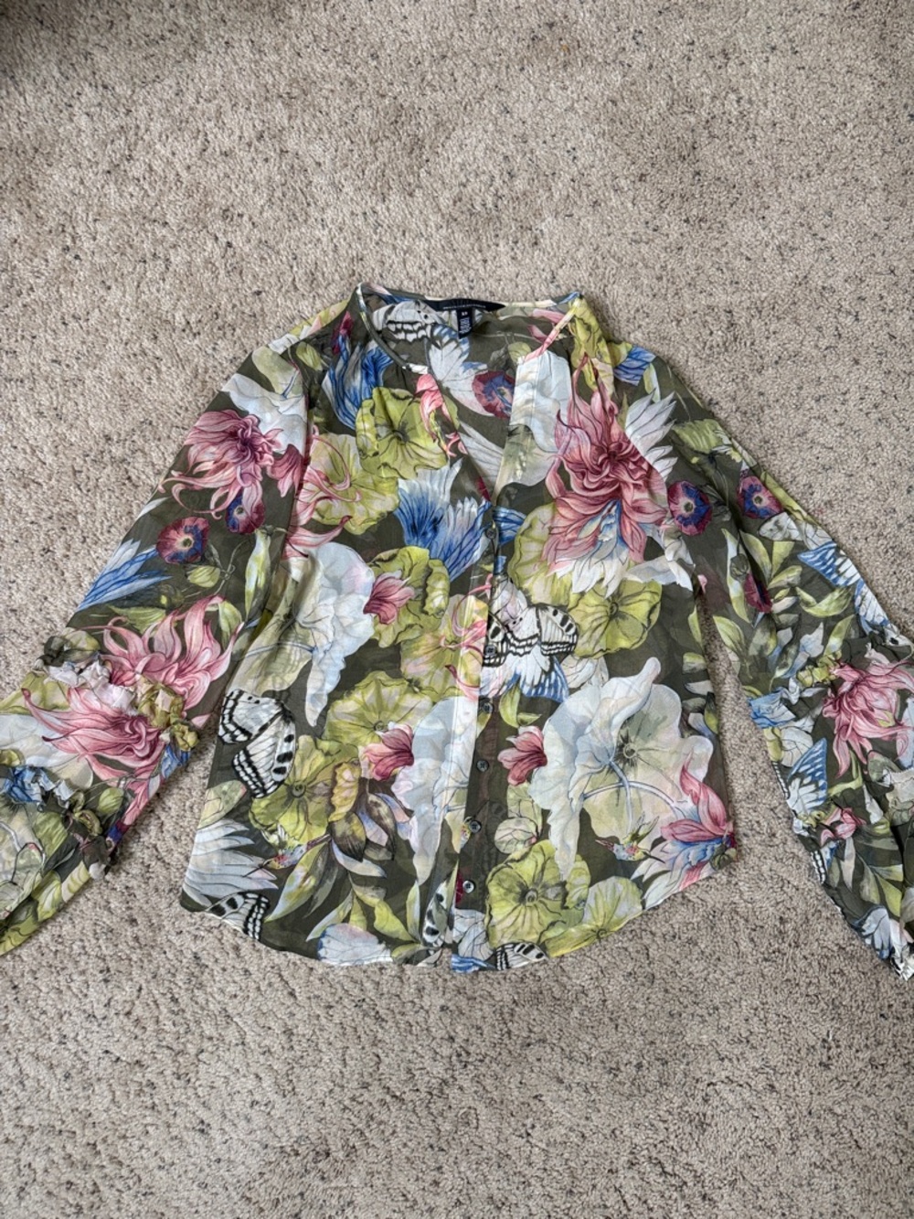 White House Black Market Olive Multi Floral Button-Front Blouse XS
